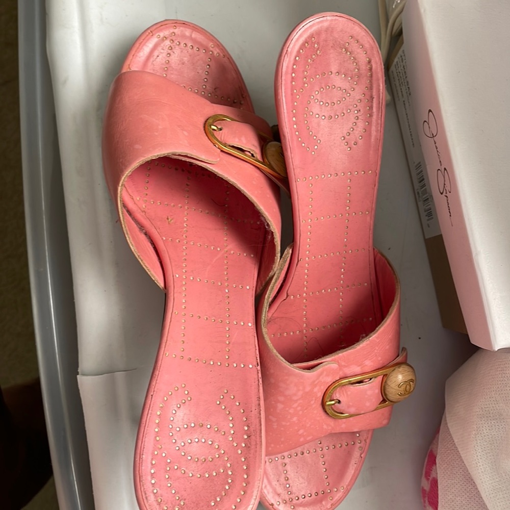 Pink Chanel heeled slides